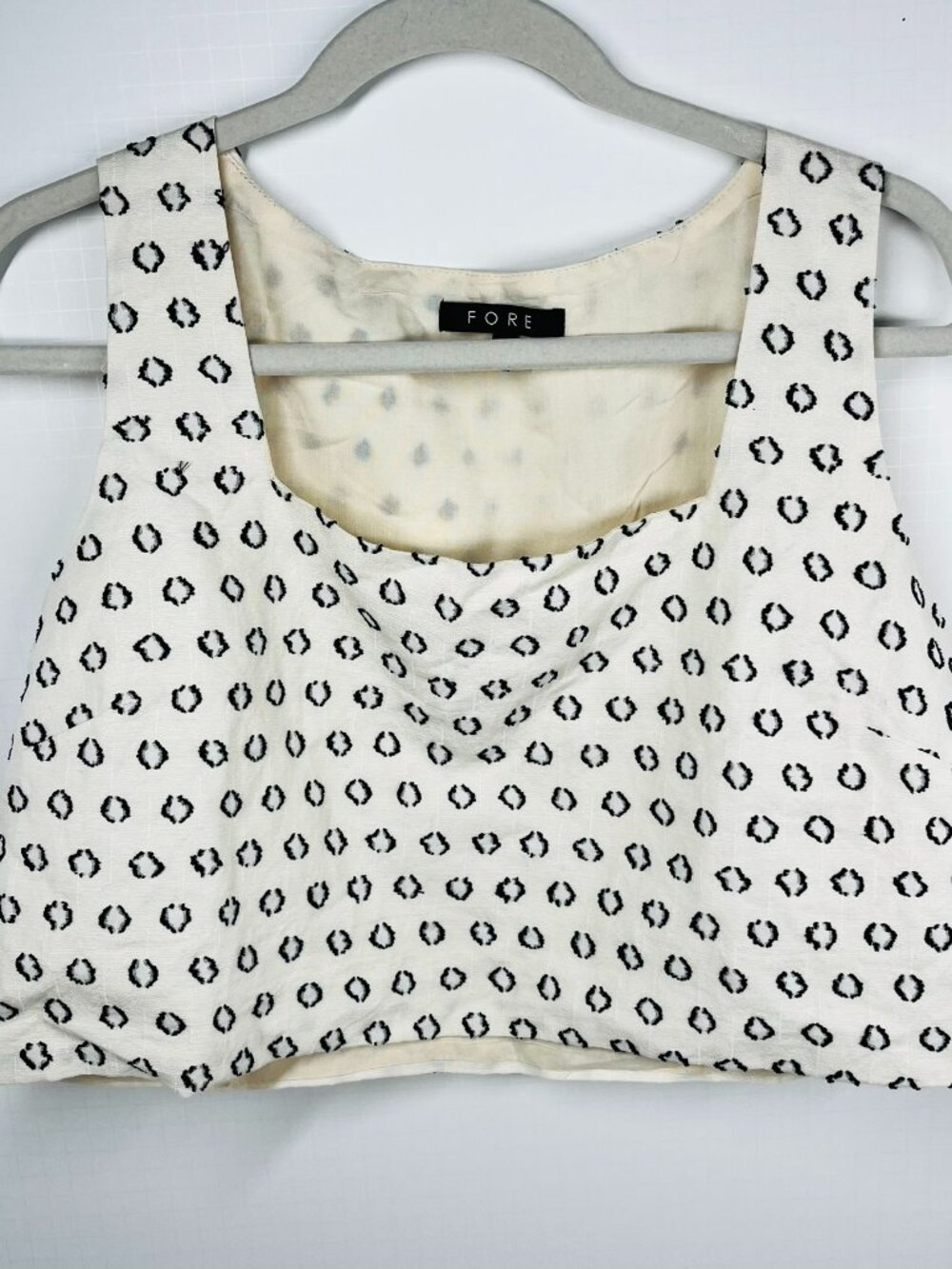 Fore Linen Blend Cream Square Neck with Black Dot Print Crop Tank Top, Sz L